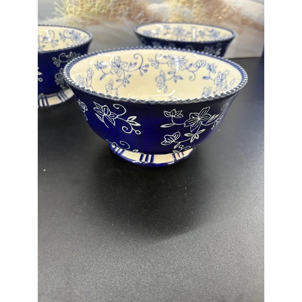 Temp-tations Floral Lace Cobalt Blue White Ceramic Footed Bowls Set of 3 6 inch